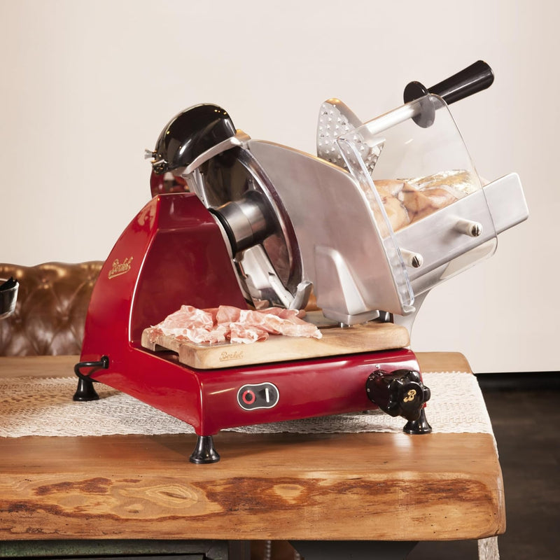 Berkel Red Line 250 rot Profi Aufschnittmaschine + Einlegebrett aus alten Wein Fassholz - Sonderange