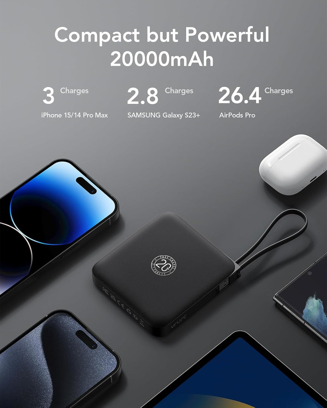 VRURC Powerbank 20000mAh Power Bank mit Kabel Klein USB C 22.5W QC3.0 Schnelles Aufladen Tragbares L