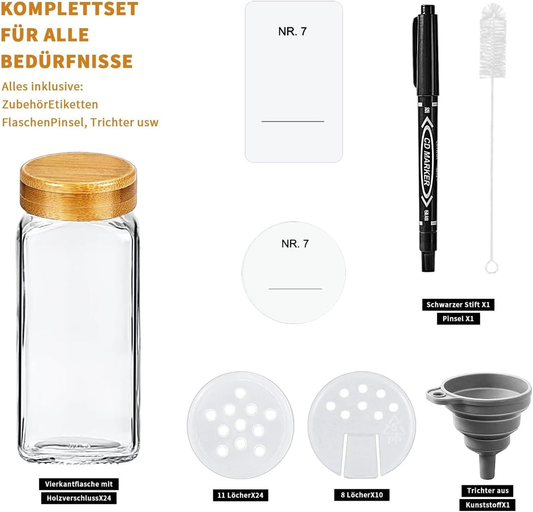 SIAZIH Gewürzgläser Holzdeckel aus Bambus Set 120 ML,24 Gewürzgläser Eckig - Gewürzstreuer Glas Mit