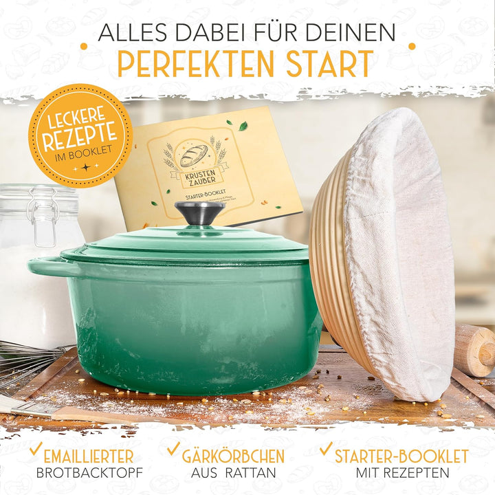KRUSTENZAUBER Topf Brot Backen [inkl. Gärkorb] - Hochwertiger Emaille Topf 26cm - Idealer gusseisern