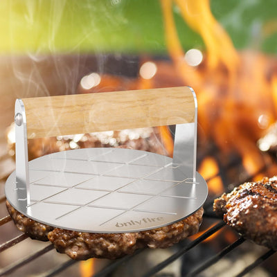 Onlyfire Edelstahl Grillbesteck Set, 4-Teilig Grillkoffer Set mit Runder Burgerpresse, Grillspachtel