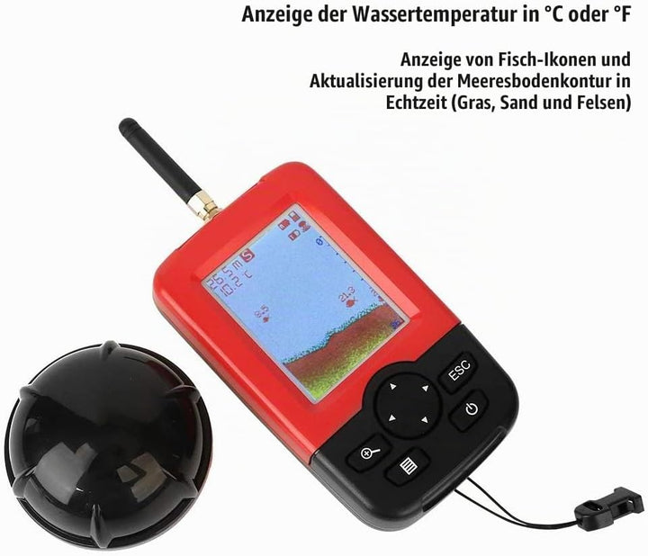 Tragbare Fish Finder Wireless Sonar Sensor Fischköder Echolot mit Wassertemperatur Tiefe Farbdisplay