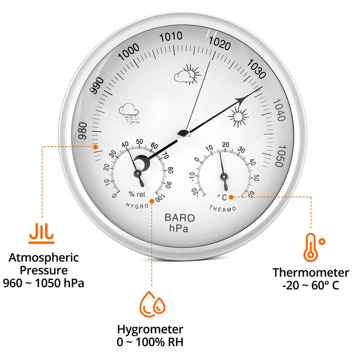 QWORK® 3in1 Wetterstation Analog Ø14 cm, Baro-/Thermo-/Hygrometer mit Edelstahl Gehäuse, Kein Batter