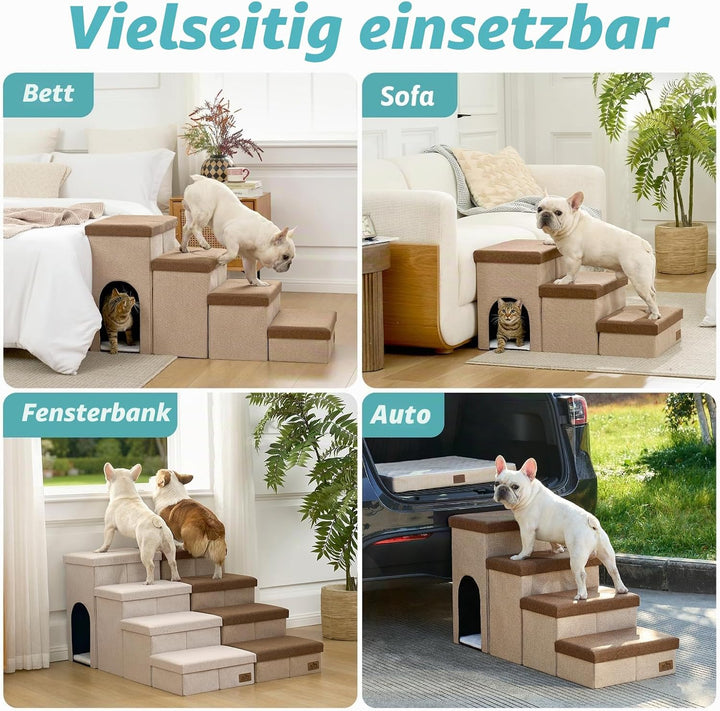 Hundetreppe für Kleine Hunde mit Stauraum und Katzenöffnung, Breite Haustiertreppe Faltbare für Bett