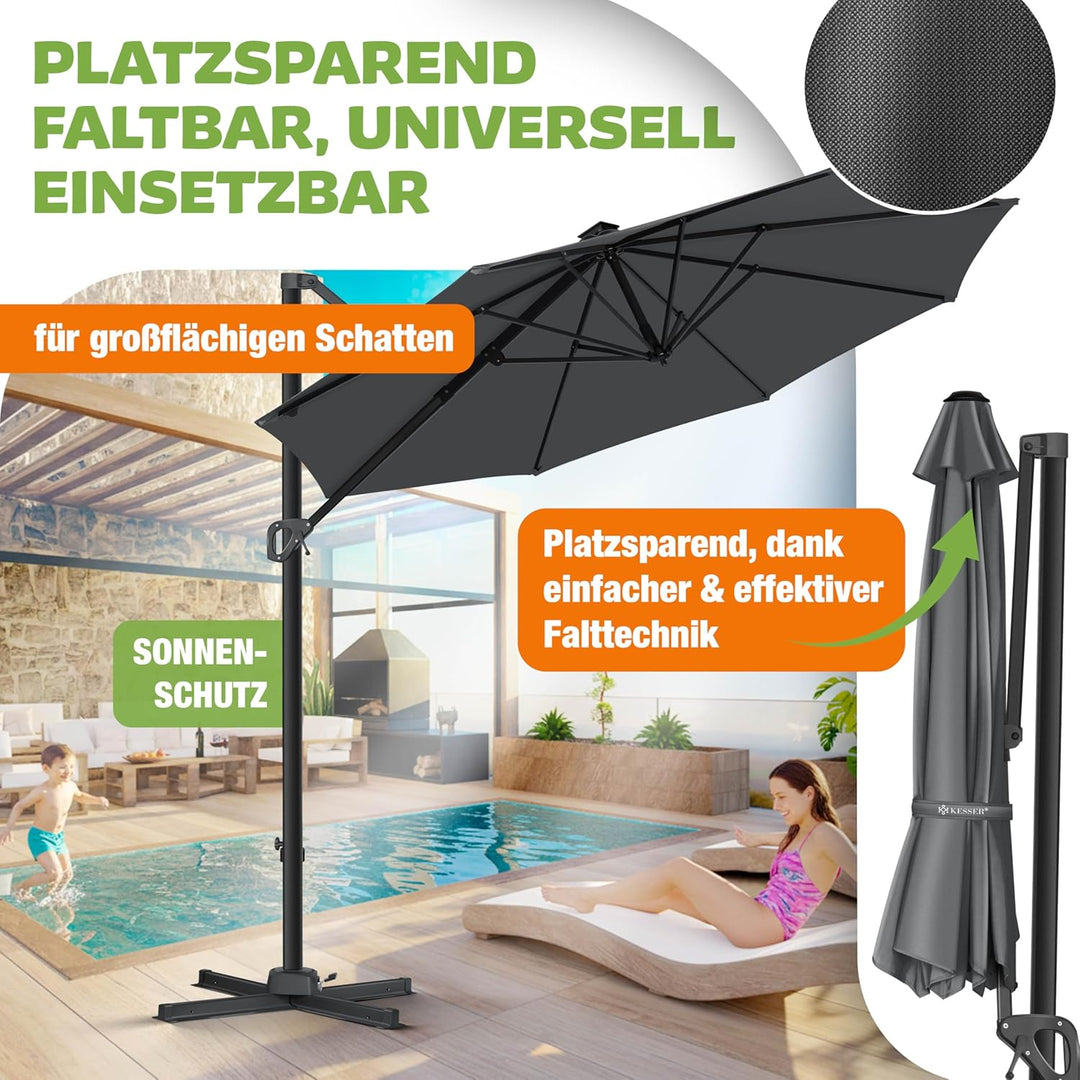 KESSER® Sonnenschirm Ampelschirm Sun Rund XL Ø330 cm Inkl. Abdeckung + Windsicherung 7-Fach Verstell