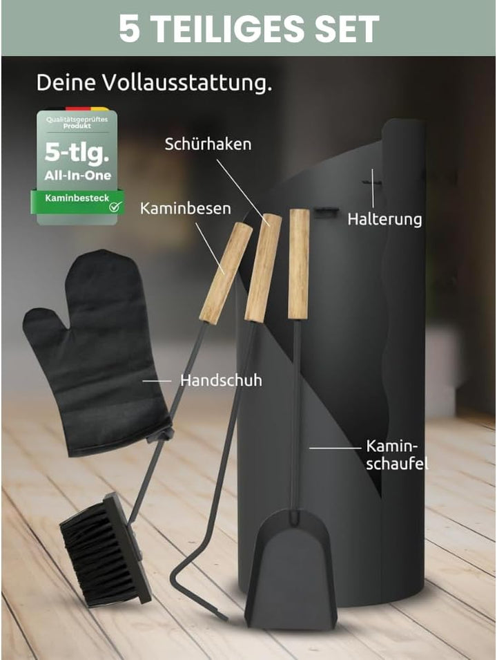 Kaminbesteck modern IGOR | 5-teilig mit Holzgriff | Schürhaken Besen Ascheschaufel | Kamingarnitur A