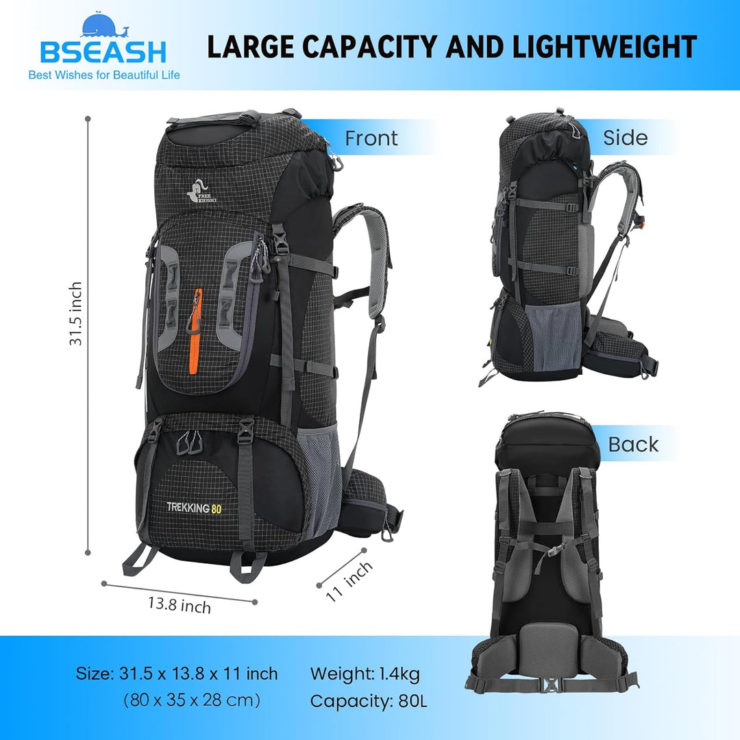 Bseash 80L Wasserdichter Wanderrucksack mit Regenschutz, leichter Outdoor-Sport, Reisen, Tagesrucksa