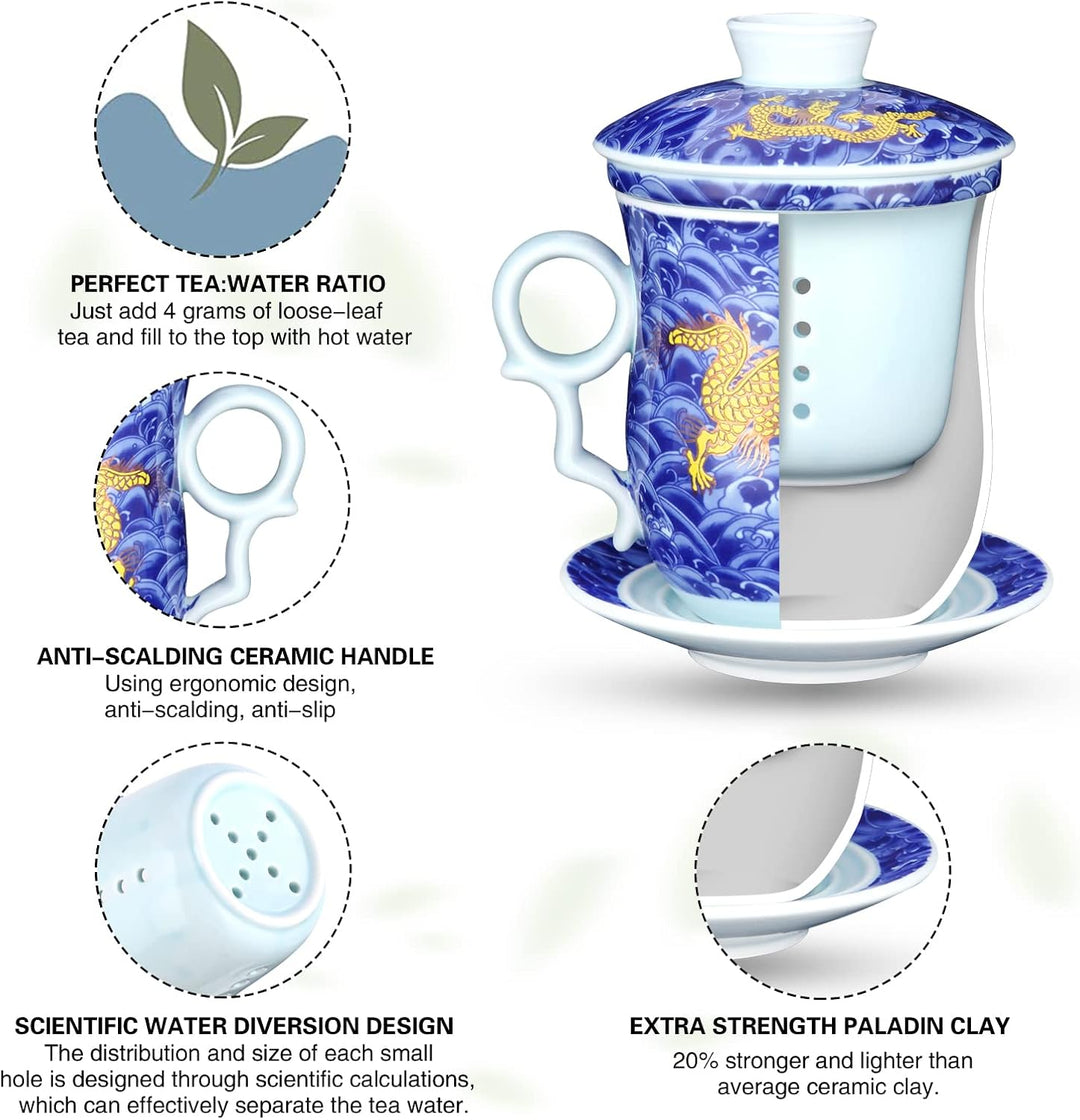 YURROAD 400ml Chinesische Teetasse, 4 in 1 Tee Becher Porzellan mit Sieb/Infusor/Deckel und Untertas