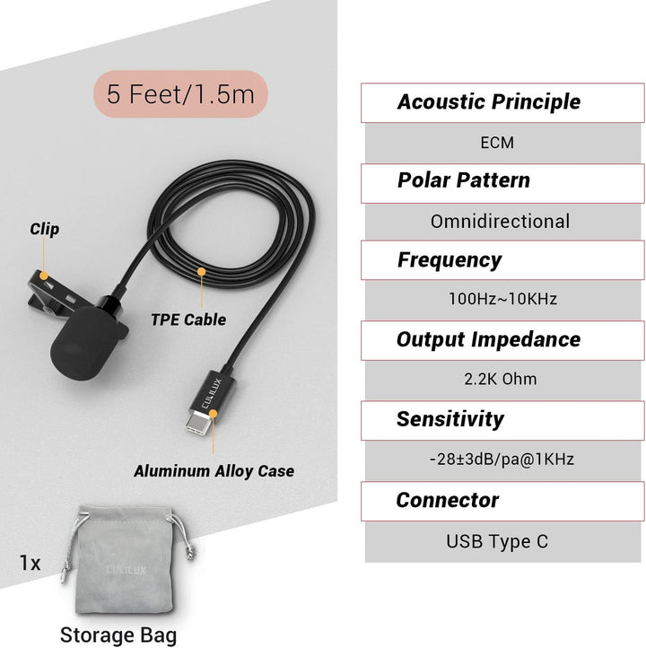 Cubilux USB C Mikrofon, Typ C Lavalier Mikrofon, externes Ansteck Mikrofon für iPhone 16/15 Pro Max,