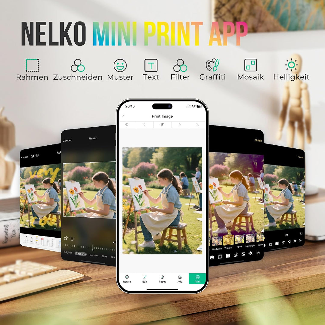 Nelko Fotodrucker PP01 Farbe Tragbarer Mini Fotodrucker für Smartphone mit 20 Fotopapier, Tintenstra
