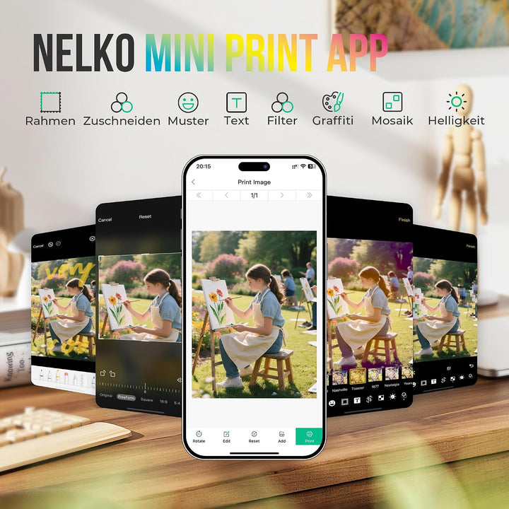 Nelko Fotodrucker PP01 Farbe Tragbarer Mini Fotodrucker für Smartphone mit 20 Fotopapier, Tintenstra