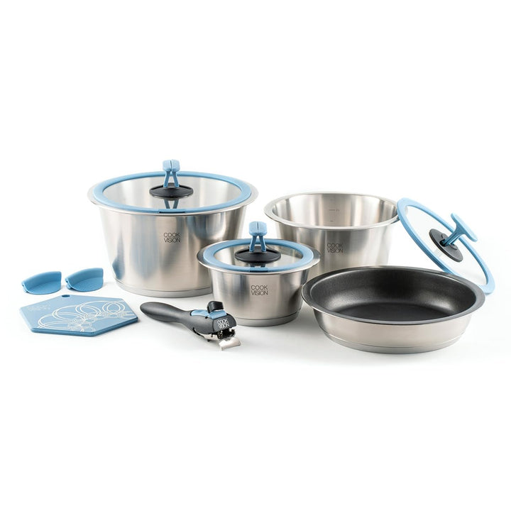 nesto stapelbares Topf- und Pfannenset 11-tlg. Blau, 3 Edelstahltöpfe, Spülmaschine, Induktion, Back