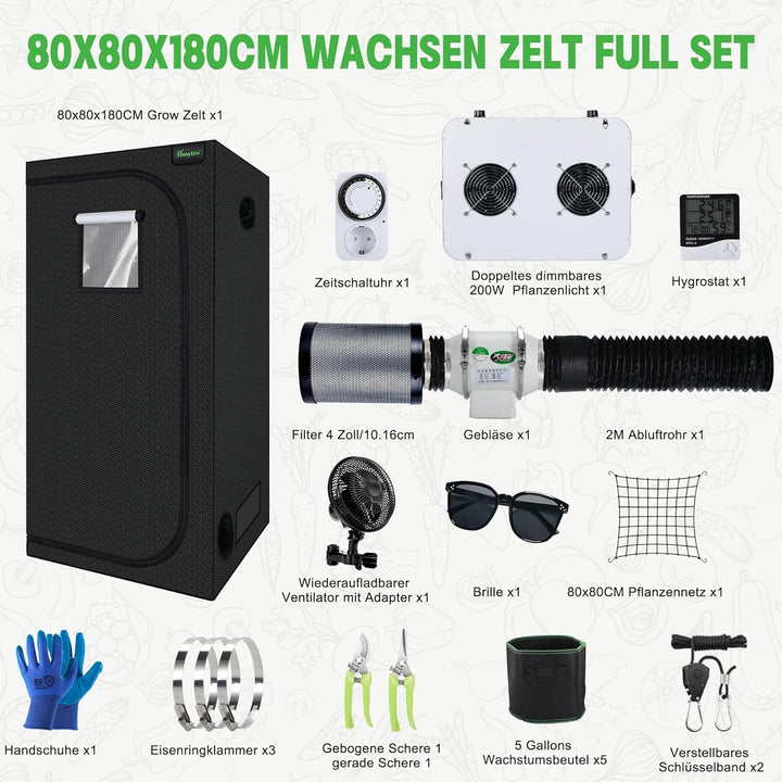 Grow Set Komplettset, Led Grow Tent Kit,200W LED Grow Lampe Vollspektrum,Komplettes Hydroponics 600D
