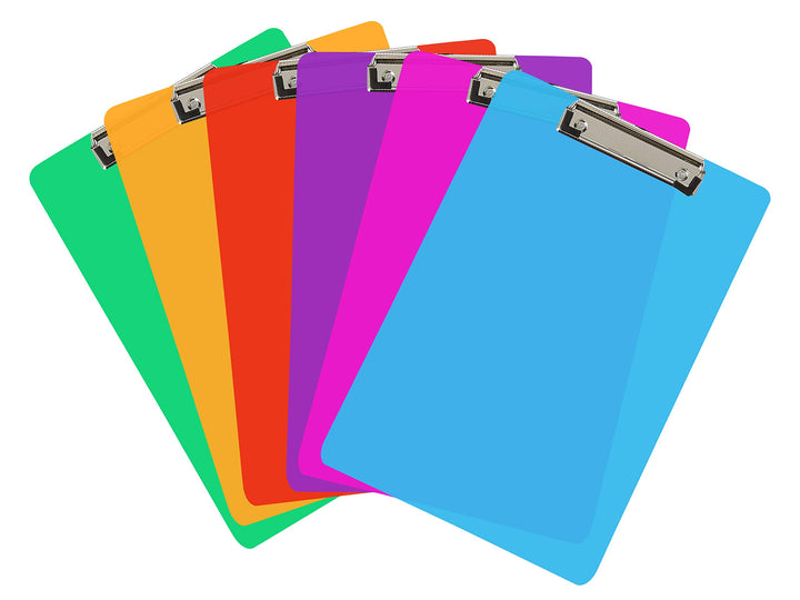 6 Coloured Plastic Clipboards | Strong 12.5 x 9 Inch (A4 Size) Multi Pack Clipboard | Holds 100 Shee