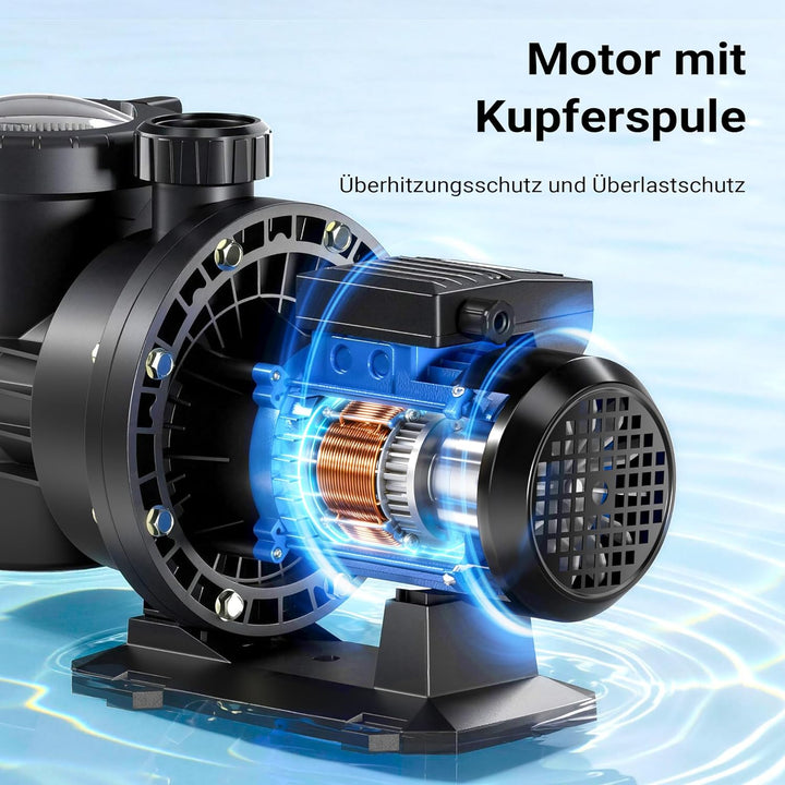 Wiltec Poolpumpe 16800 l/h 567 W für 67-100m³ Pools, Schwimmbadpumpe mit 10,5 m Förderhöhe, Umwälzpu