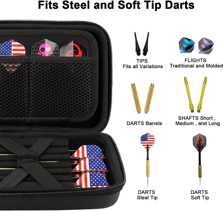 Darttasche, Dart Tasche für Stahl- oder Softtip-Darts, Platz für 12 komplett montierte Darts und Zub