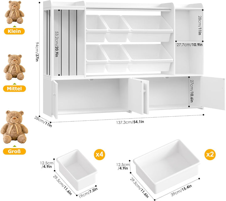 FOREHILL 137cm Breit Kinderregal, Kuscheltier Aufbewahrung, Bücherregal Kinder mit 6 Spielzeugkisten
