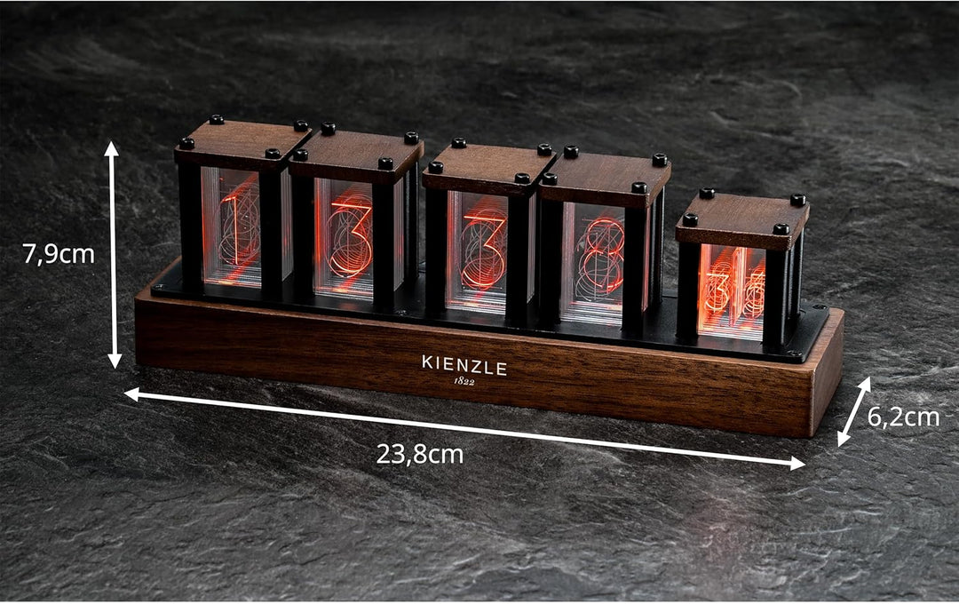 Kienzle LED-Nixie-Uhr mit RGB-Beleuchtung in 1.600 Farben, Echt­Holz, 6 Anzeigemodi, vormontiert, US
