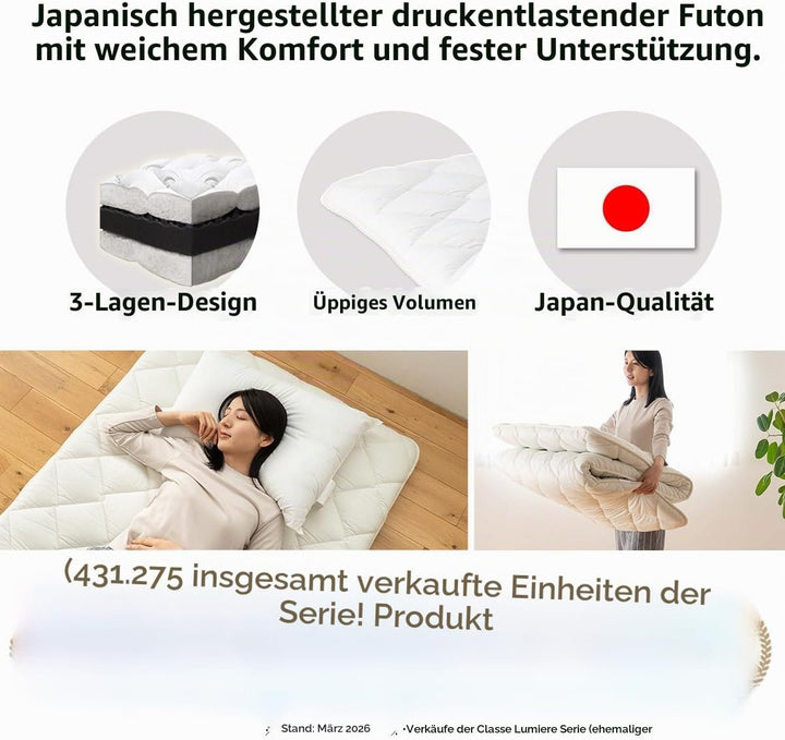 EMOOR Japanische Futon Matratze Premium CLASSE 180 x 200 cm, Faltbar Schlaf Traditionelle Boden Bett