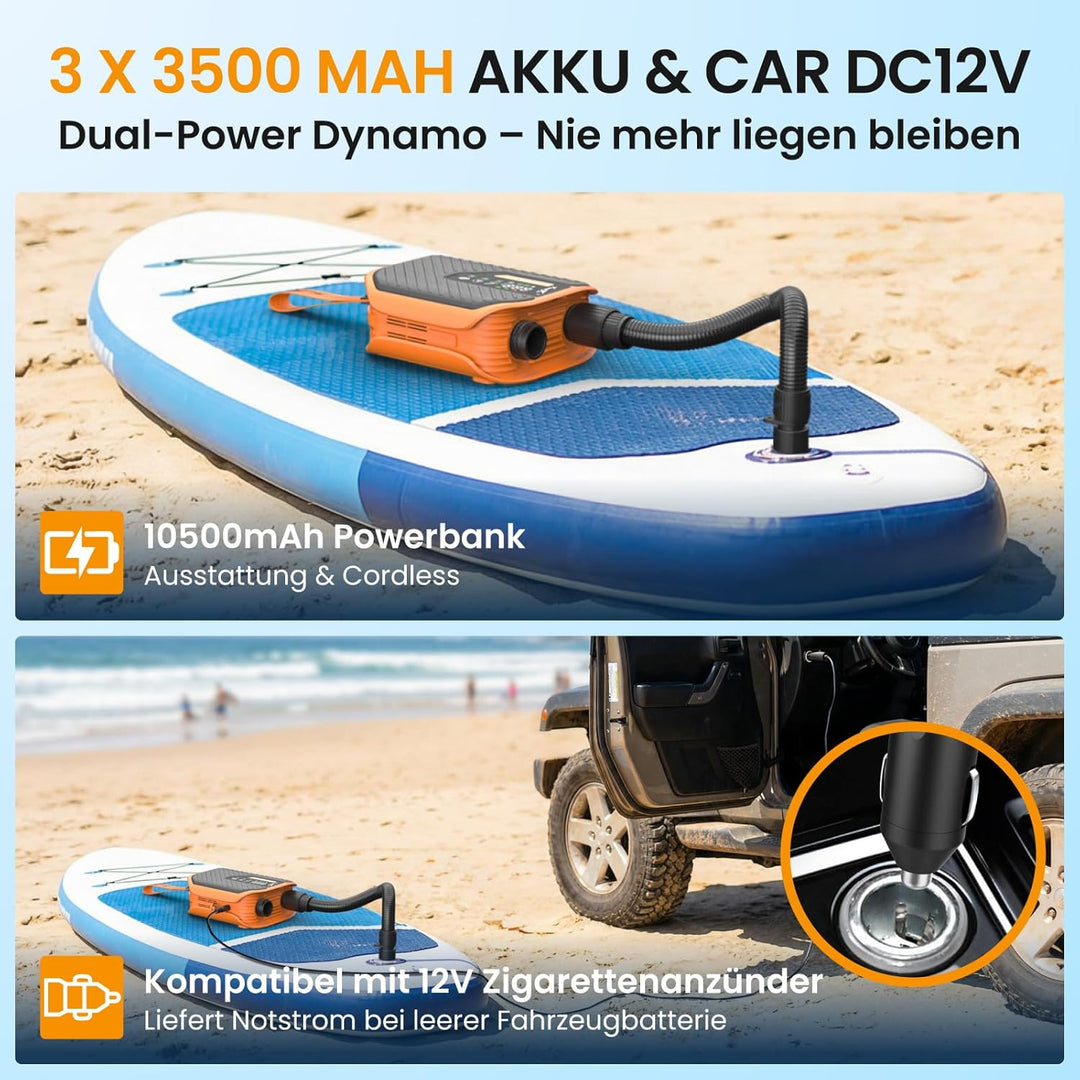 TowerTop Sup Pumpe Akku: 10500mAh Akku Pumpe für Auto/SUP, 50 PSI Stand Up Paddle Pumpe, 12V DC Zwei