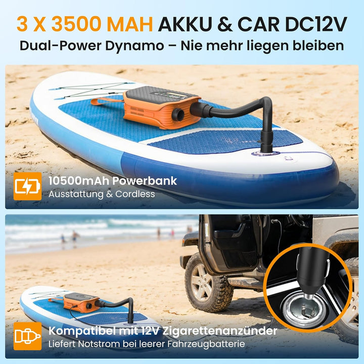 TowerTop Sup Pumpe Akku: 10500mAh Akku Pumpe für Auto/SUP, 50 PSI Stand Up Paddle Pumpe, 12V DC Zwei
