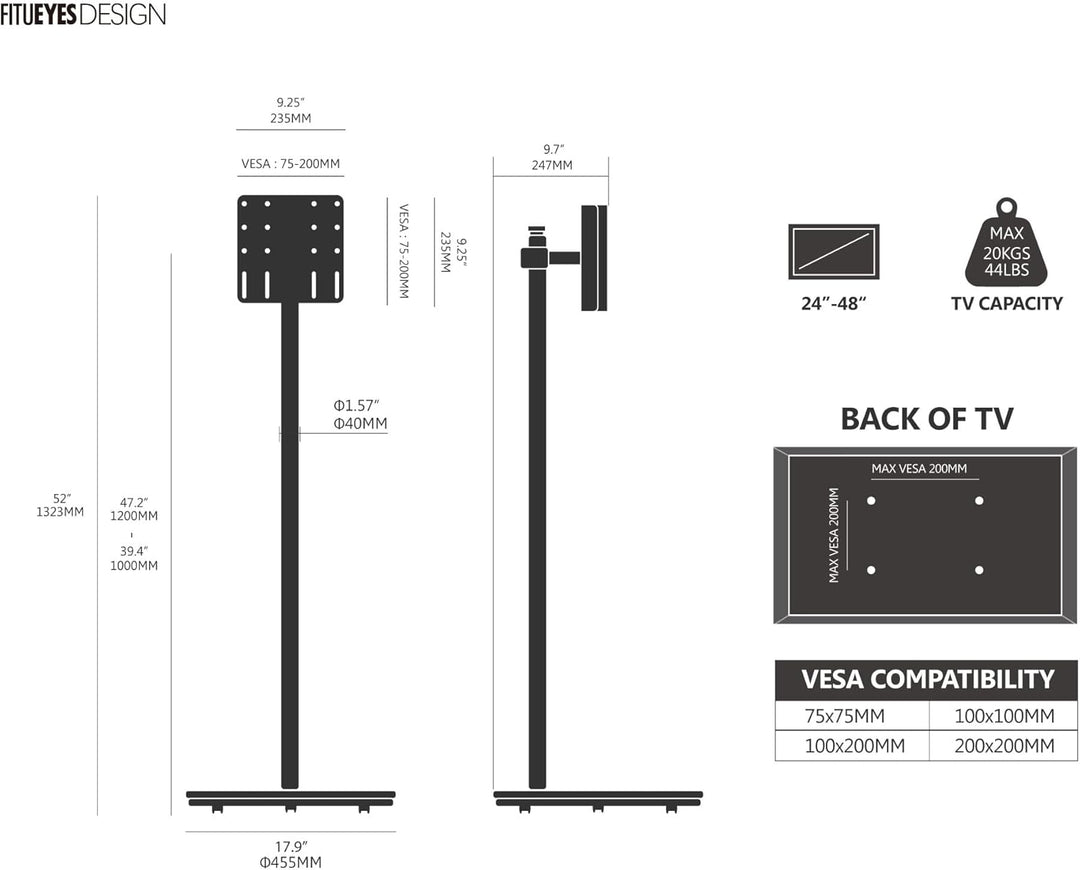 FITUEYES Design TV Ständer für 24-48" TV Mobiler TV Stand Rollbar 90° Bildschirmdrehung Kompakt Plat