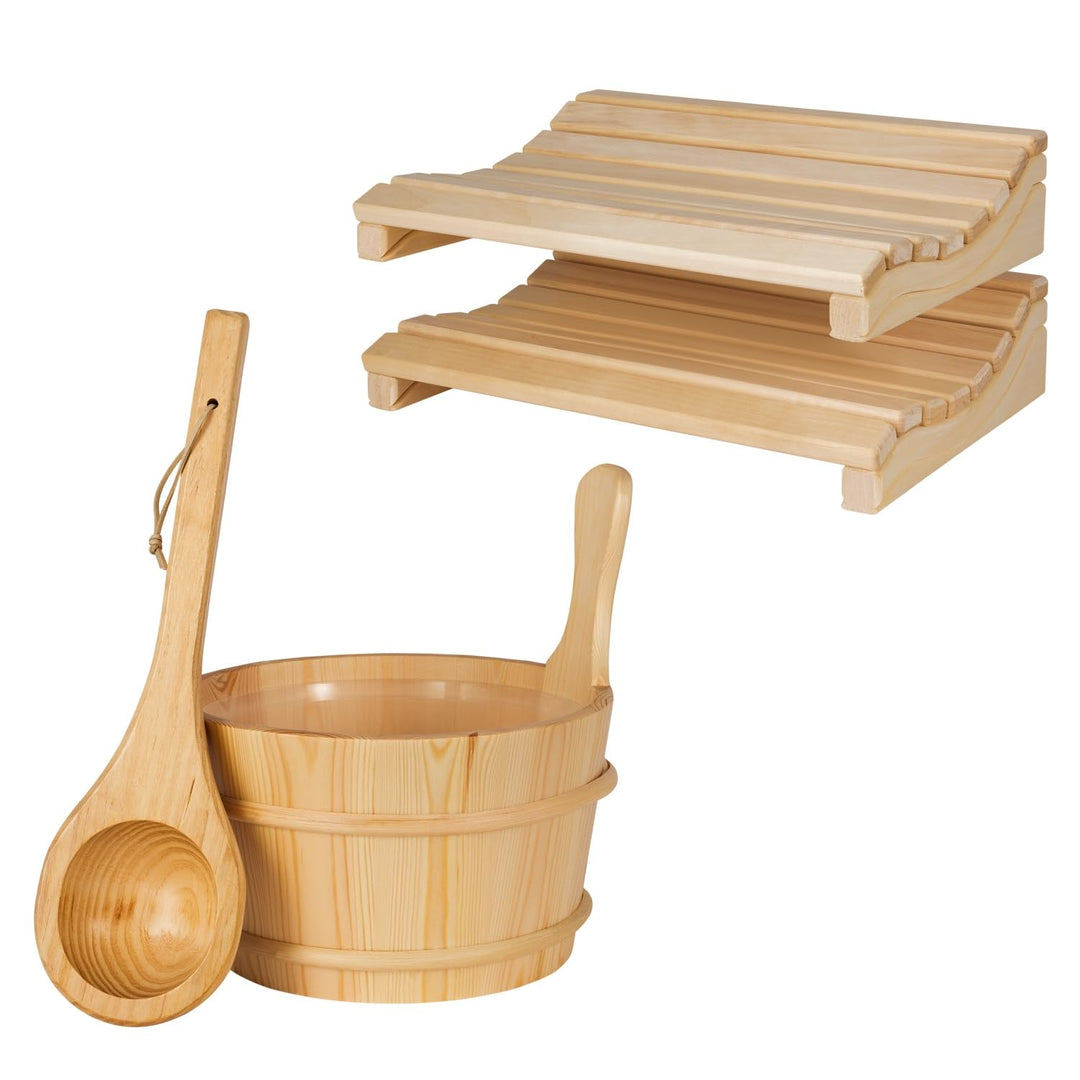 SUNNYDEALS klassisches Saunazubehörset | Saunaset 4-teilig aus naturbelassenem Holz | Saunaeimer & K