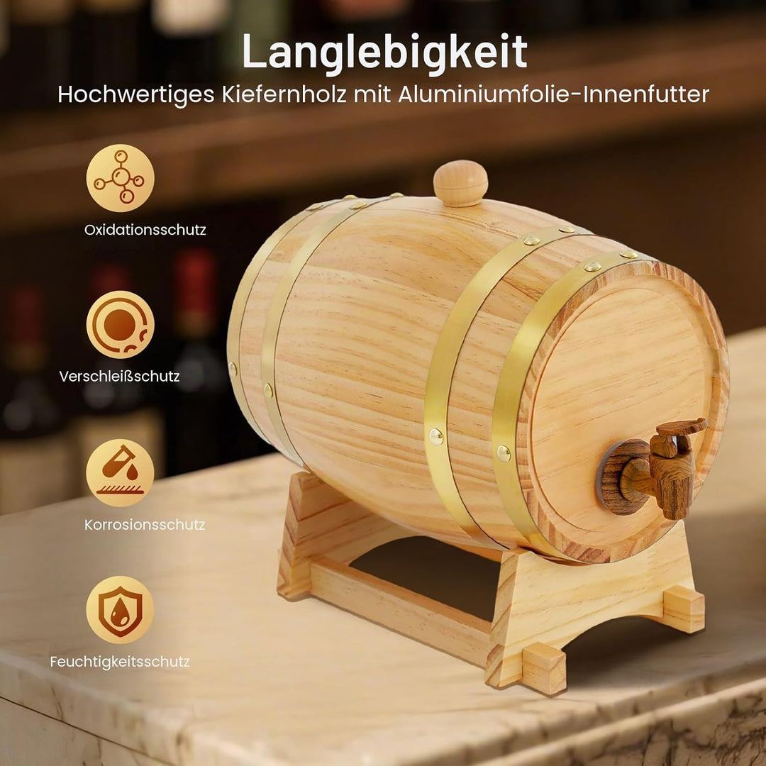 Qussse Holzfass 3L Whiskyfass aus Kiefernholz Weinfass Schnapsfass mit Bock & Zapfhahn für Whiskey &