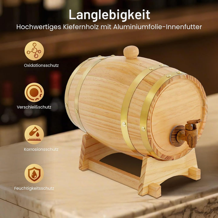 Qussse Holzfass 3L Whiskyfass aus Kiefernholz Weinfass Schnapsfass mit Bock & Zapfhahn für Whiskey &