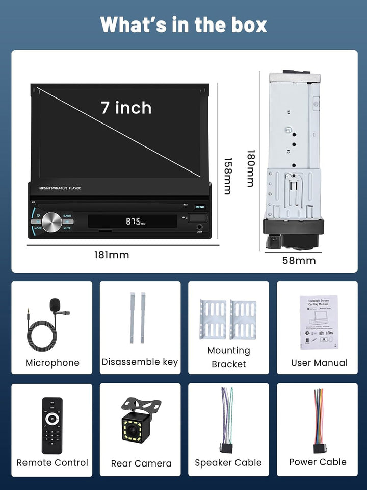 Hikity 1 Din Autoradio mit 7 Zoll Manuelle Ausfahrbarem Display Wireless Carplay Touchscreen Autorad