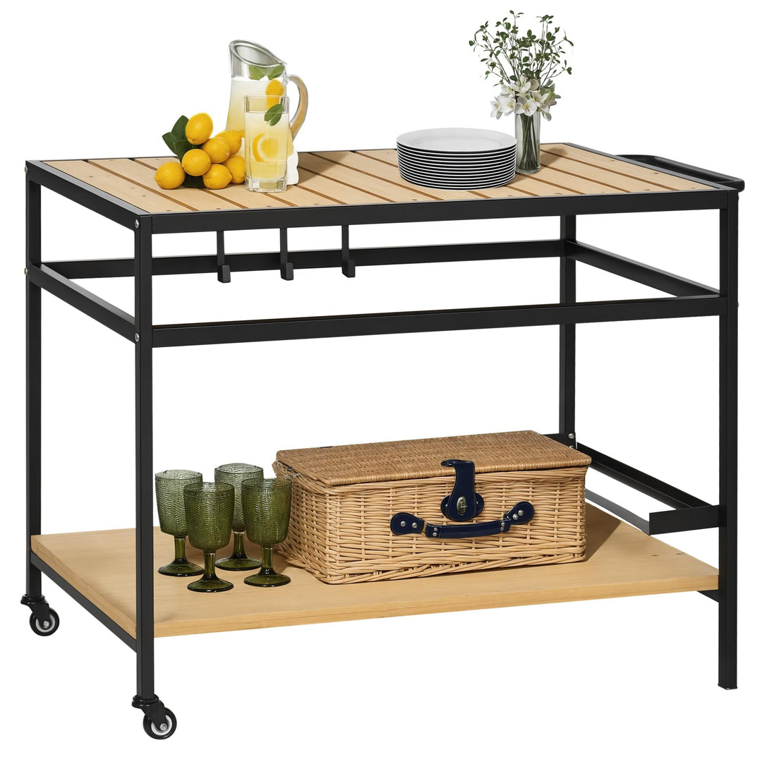 Outsunny Servierwagen, Gartenrollwagen mit Haken, Barbecue Trolley mit 2 Regalen, Outdoor Multifunkt