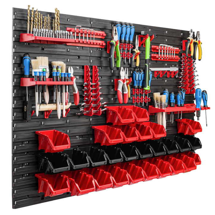 Lagersystem Werkstattregal | 117 x 78 cm | 28 stck. Box | Wandregal mit Werkzeughalterungen und Stap