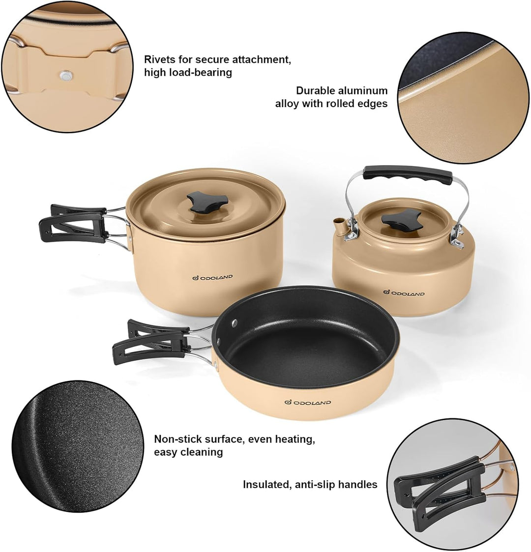 Odoland Camping Kochgeschirr Set Antihaft-Topf und Pfanne Set mit Wasserkocher, Edelstahl Utensilien