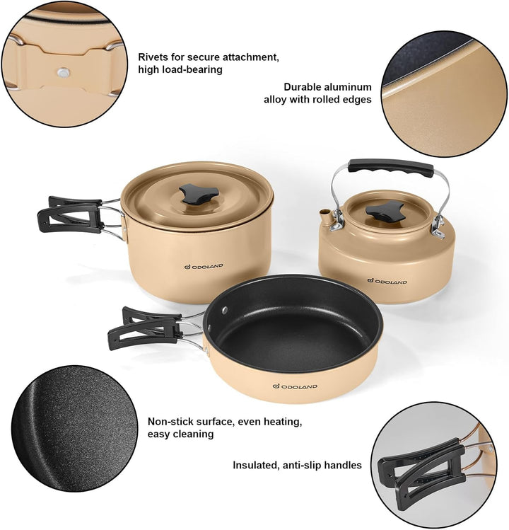 Odoland Camping Kochgeschirr Set Antihaft-Topf und Pfanne Set mit Wasserkocher, Edelstahl Utensilien