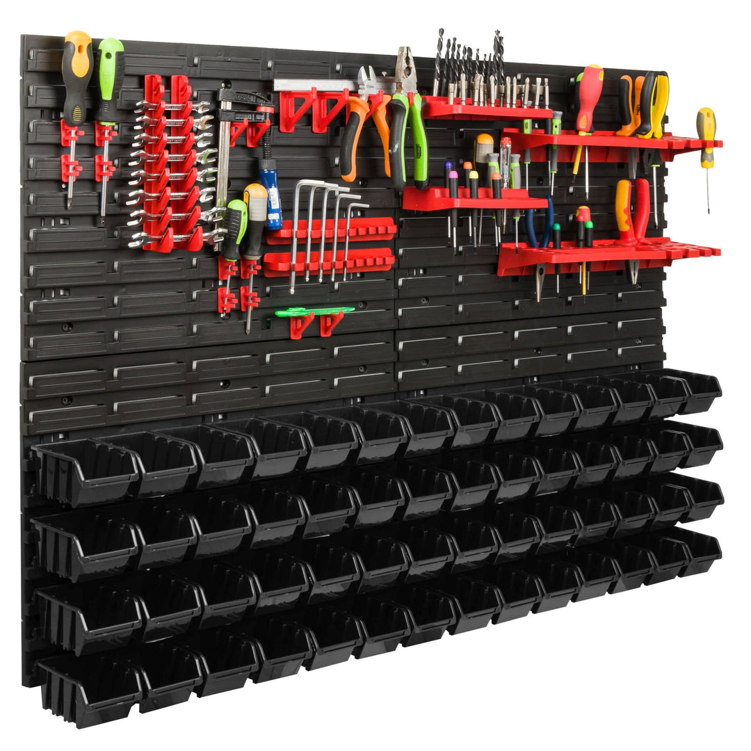 Lagersystem Werkstattregal | 115 x 78 cm | 56 stck. Box | Wandregal mit Werkzeughalterungen und Stap