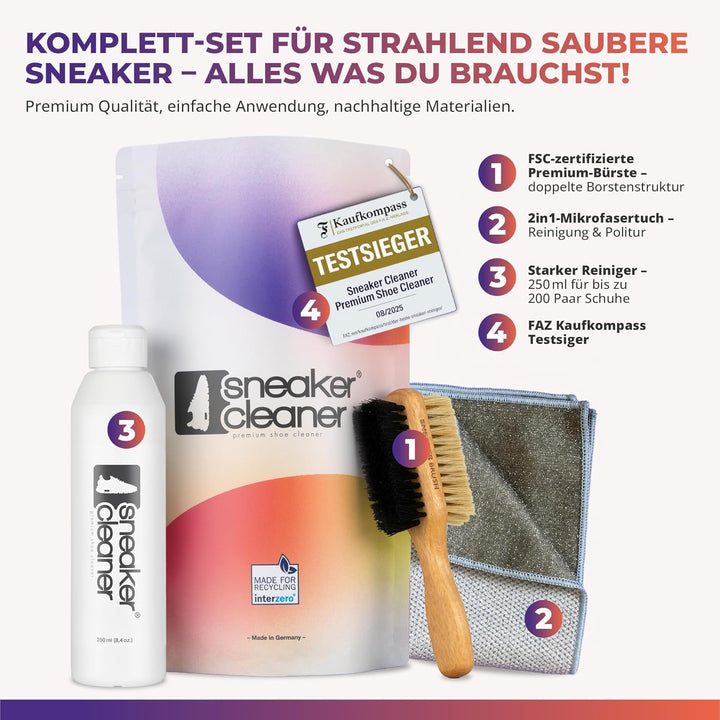 Reinigungsset für alle Schuharten. 250ml effektiver Schuh-Reiniger + beidseitiger Naturholzbürste (w