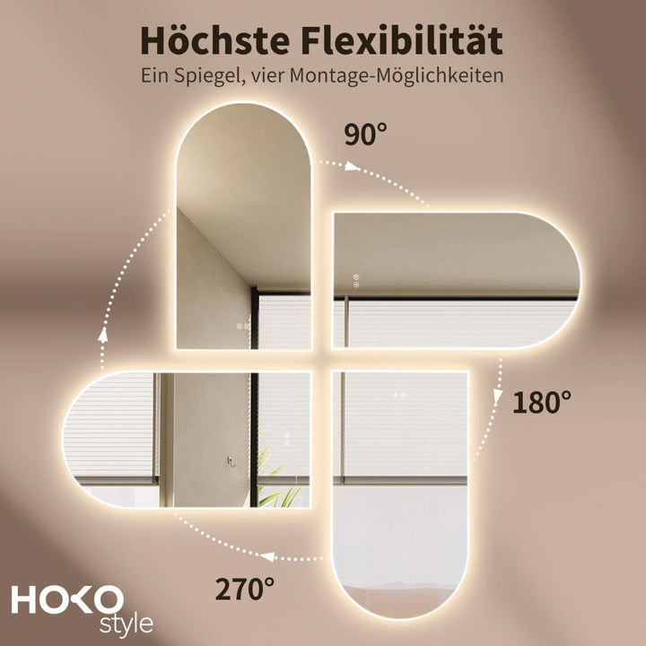 HOKO LED Bogenspiegel Beschlagfrei 50x90 cm / 90x50 cm Modesto mit Weisser Metallrahmen, HOCH+QUER M