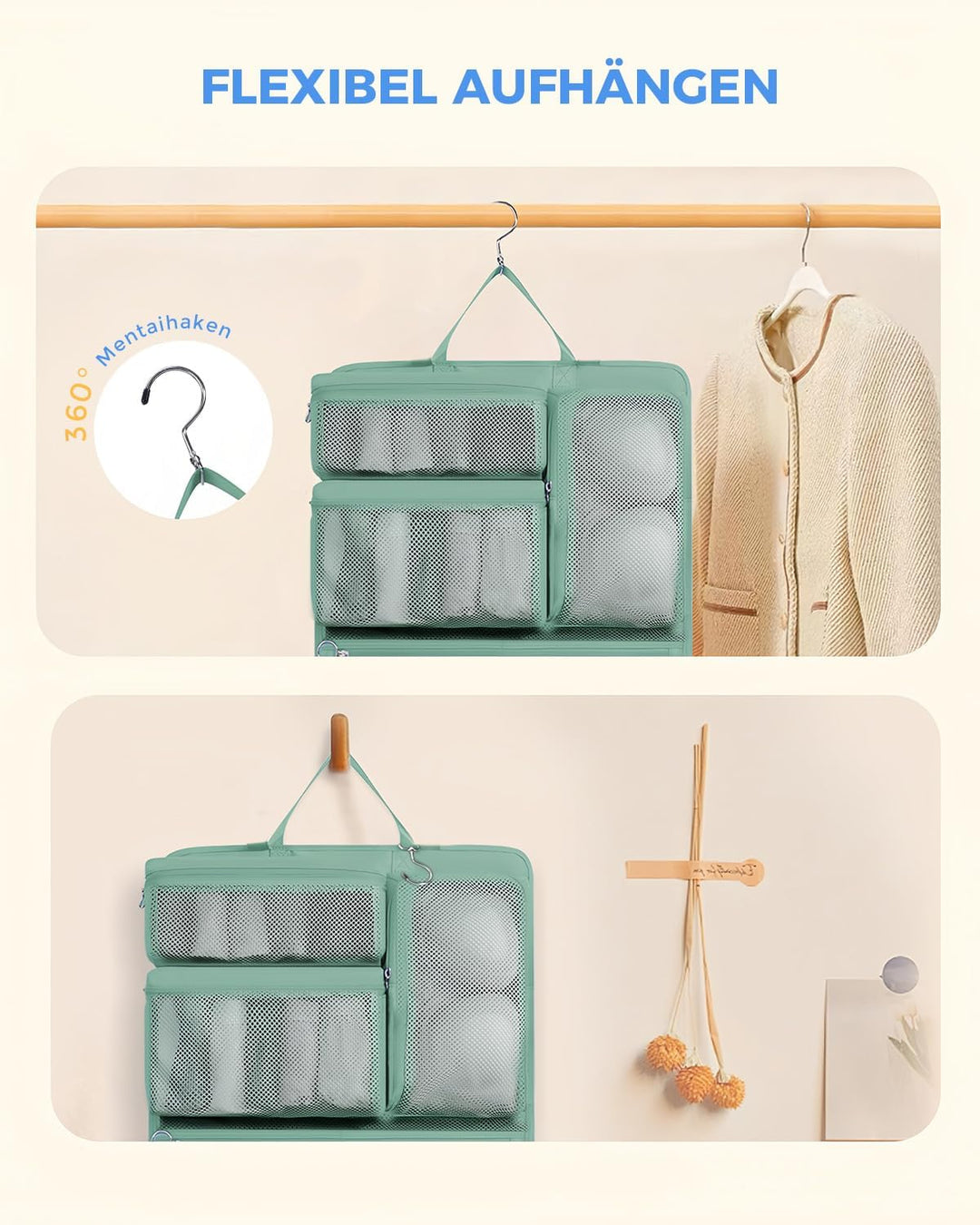 WANDF 6-in-1 Packing Cubes Koffer Organizer mit 360°-Aufhängehaken, Wasserabweisende Packwürfel Komp