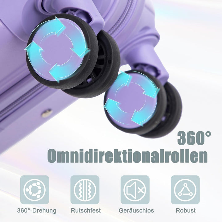 Hartschalen-Koffer Trolley Handgepäck Rollkoffer, Reisekoffer Set mit 4 Rollen, 2er Gepäckset Lila L