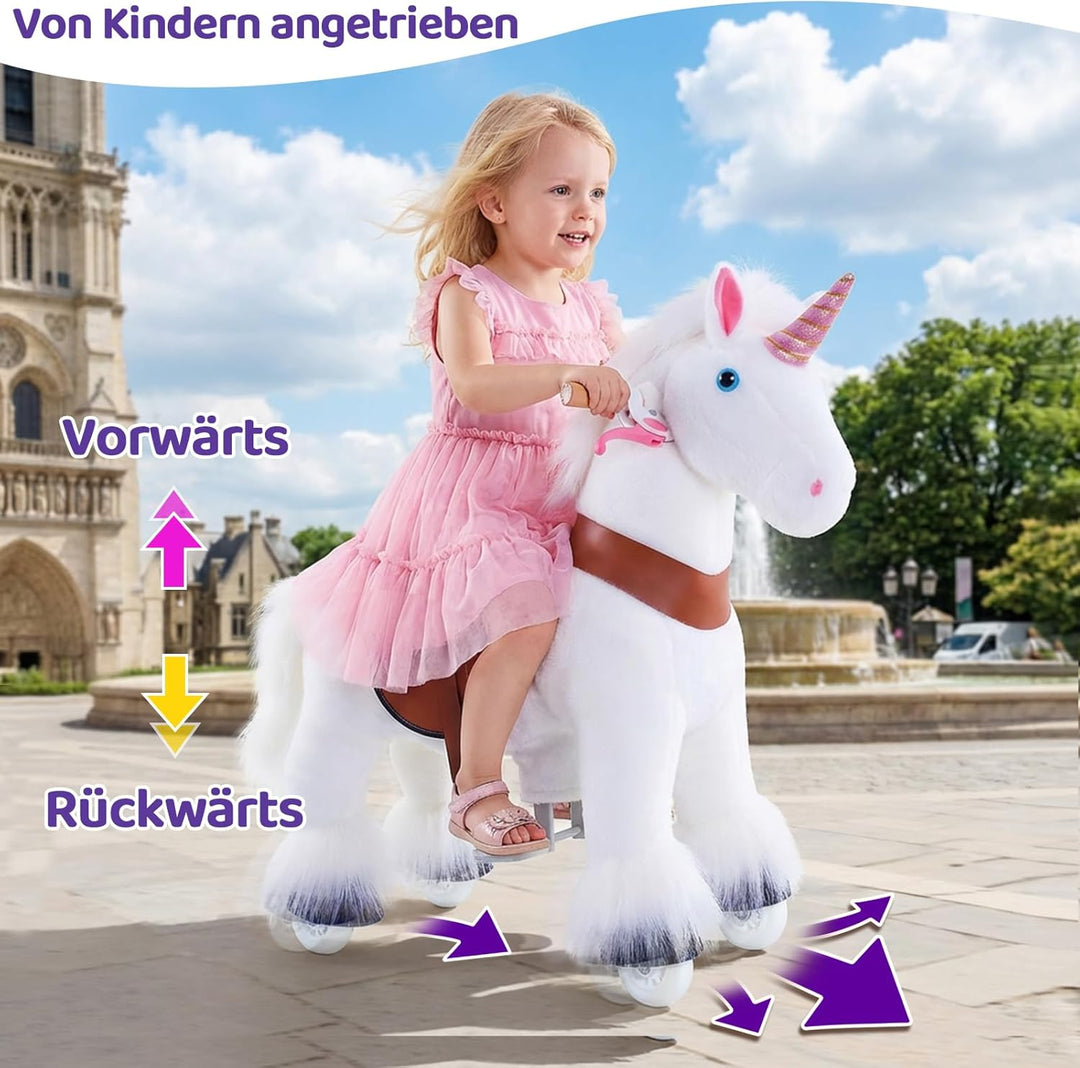 PonyCycleEinhorn Reitpferd für Kinder 3-4 Jahre, 76cm Hoch, Spielpferd mit Handbremse und Klang, Wei