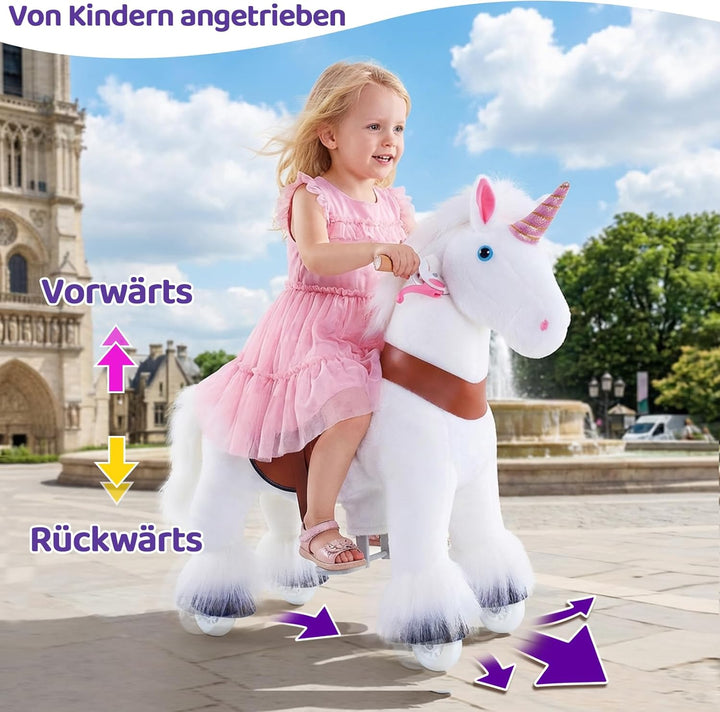 PonyCycleEinhorn Reitpferd für Kinder 3-4 Jahre, 76cm Hoch, Spielpferd mit Handbremse und Klang, Wei