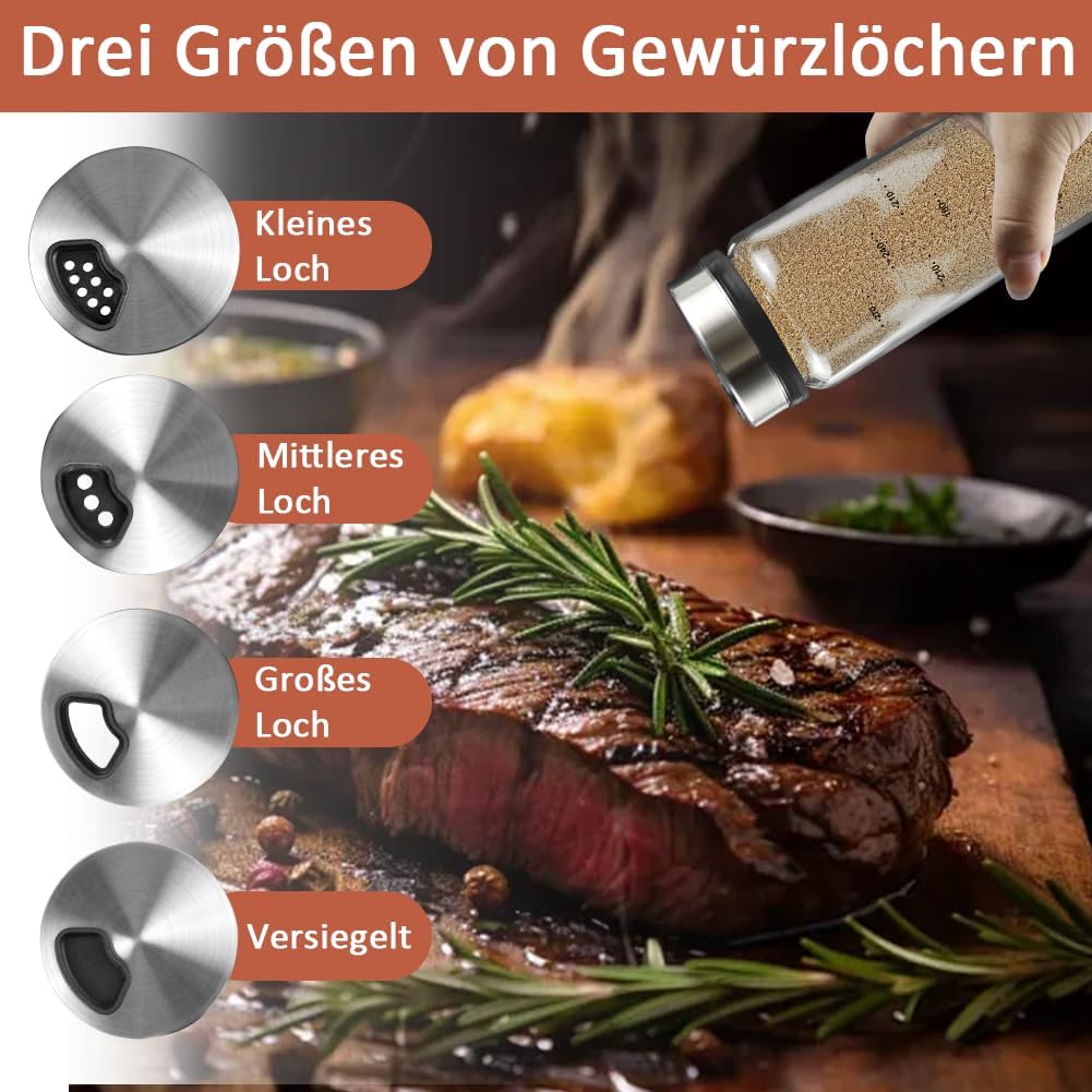 3 Stück Gewürzgläser mit Drehdeckel, 300ml Borosilikatglas Gewürzstreuer Round mit 4 Arten, Luftdich