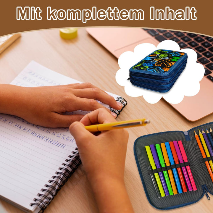 Federmäppchen 3 Fächer, Federmappe Jungen ab 5. Klasse, Federmäppchen mit Inhalt, Schuletui Jungen m