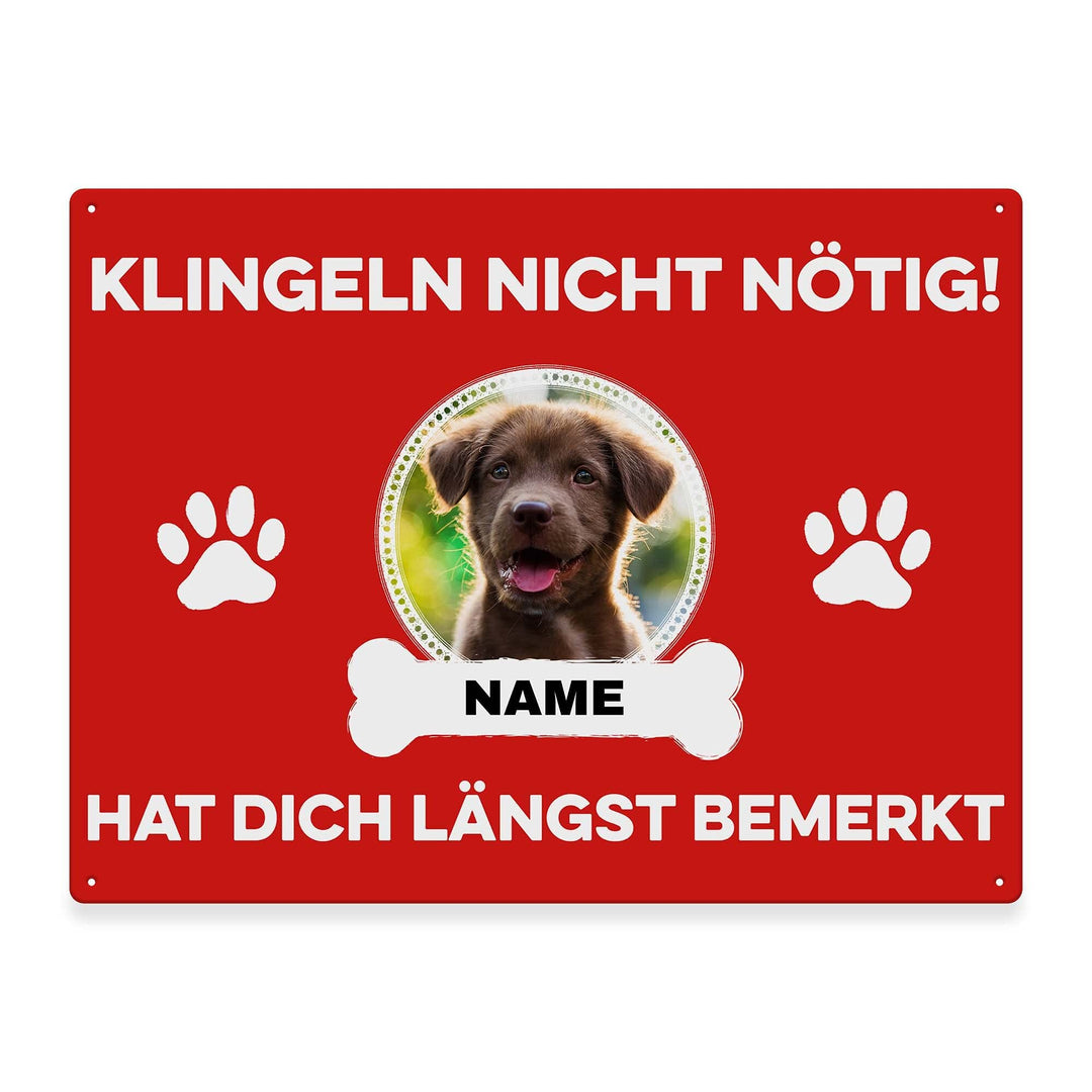 Hunde Schild personalisiert - Klingeln nicht nötig - Metallschild mit Foto und Name für aussen, wett