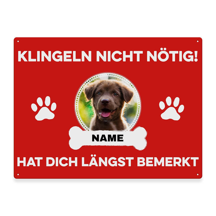 Hunde Schild personalisiert - Klingeln nicht nötig - Metallschild mit Foto und Name für aussen, wett