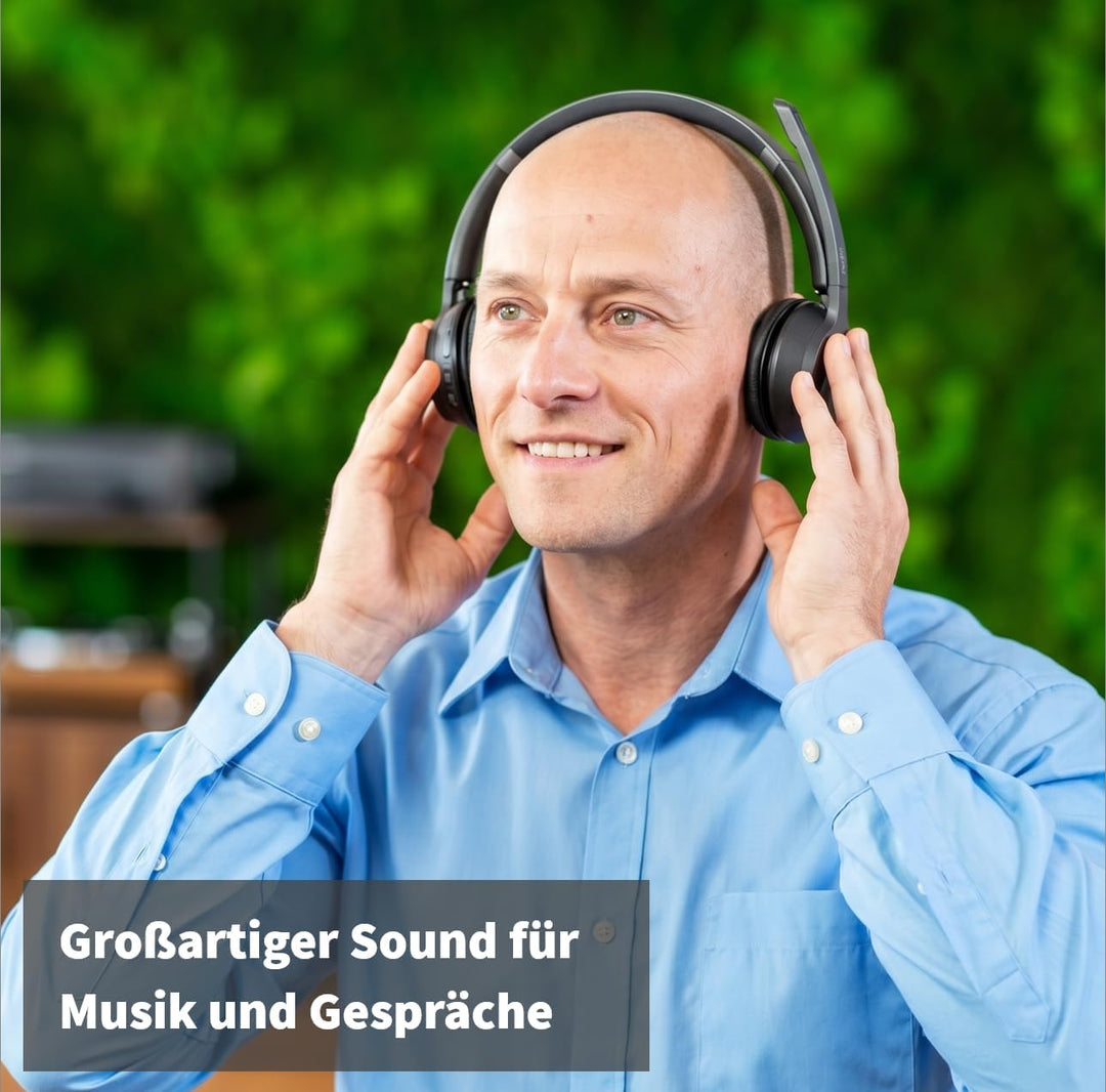 GEQUDIO Bluetooth Headset mit Mikrofon aus Berlin – kabellos Kopfhörer PC Mac Laptop – GB2+ Ladestat