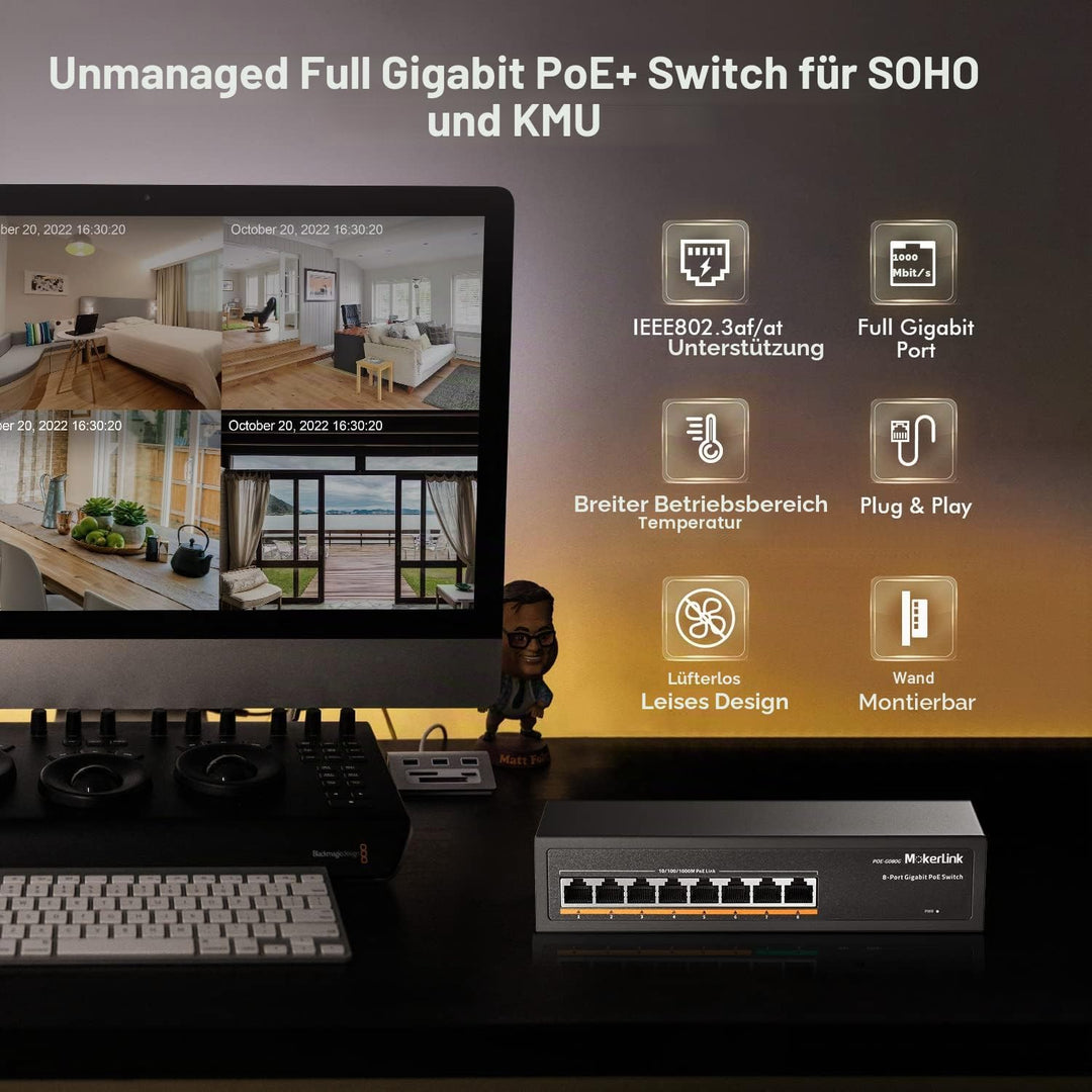 MokerLink 8 Port Gigabit PoE Switch, 8 PoE+ Ports 1000Mbps, 802.3af/at 120W, Unmanaged Plug and Play