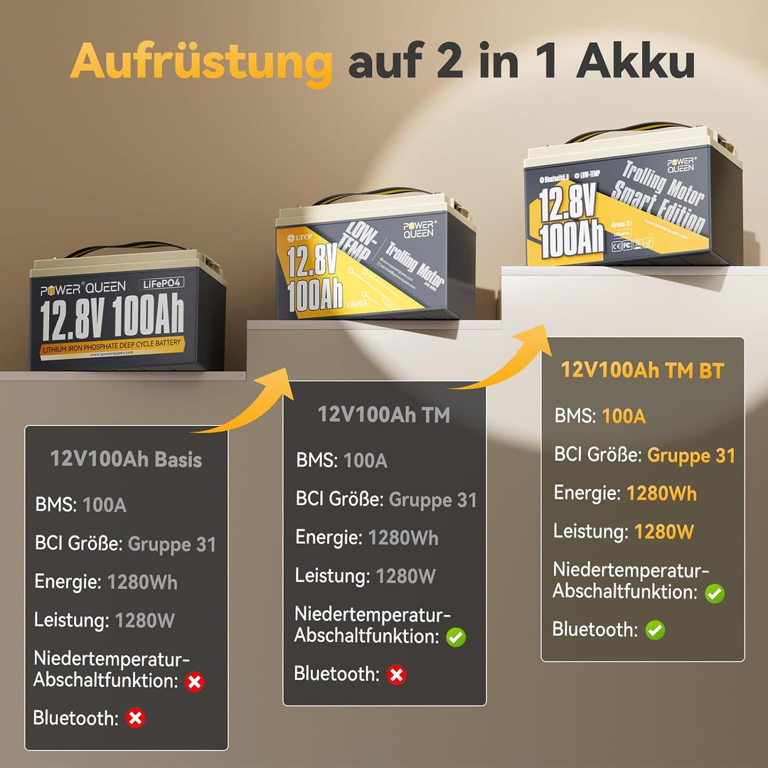 Power Queen 12V 100Ah TM Bluetooth LiFePO4 Batterie, Tieftemperaturabschaltung, Max. 15000 Zyklens,