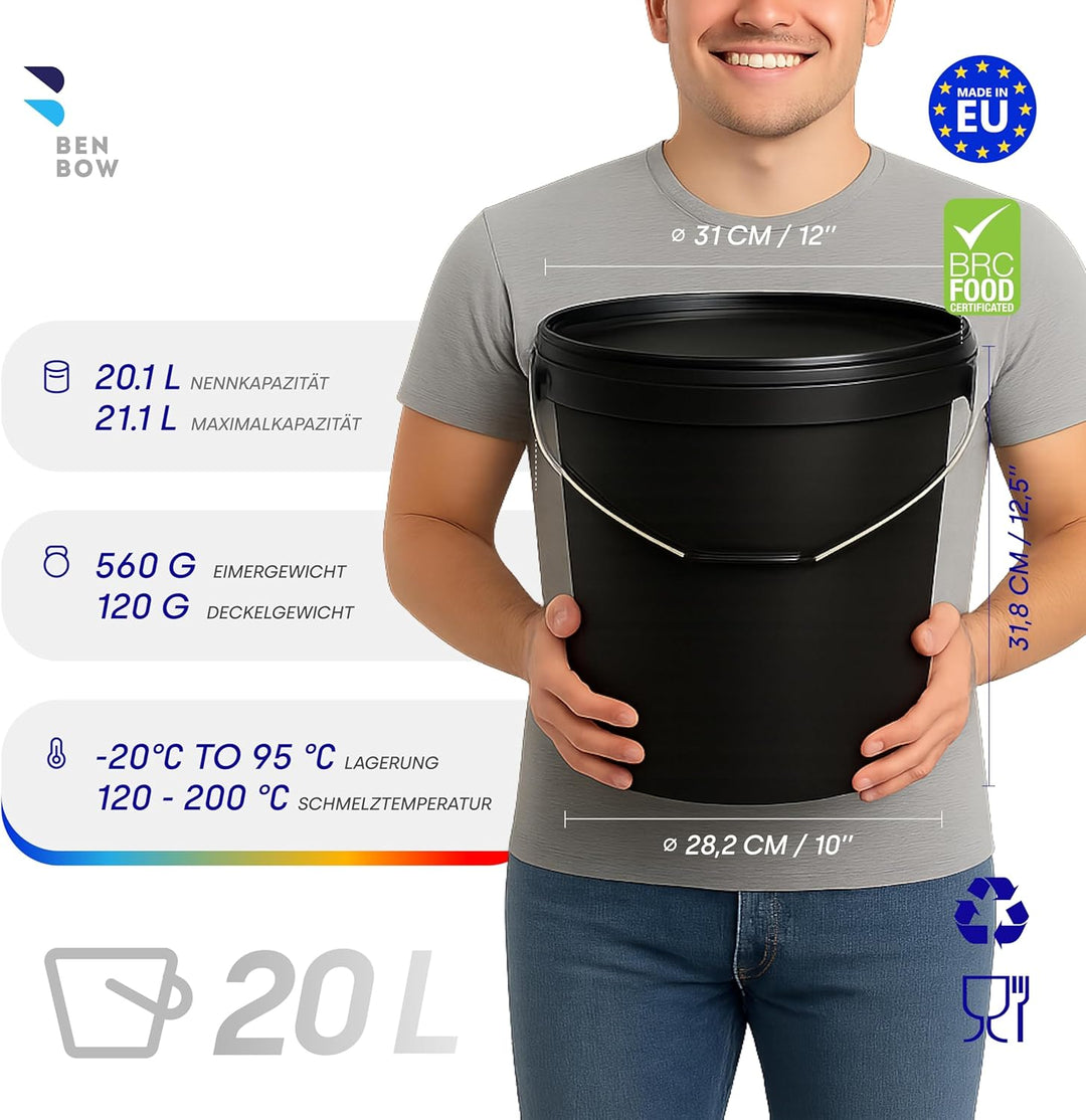 BenBow Eimer mit Deckel 20l schwarz 5X 20 Liter - lebensmittelecht, stabil, luftdicht, auslaufsicher