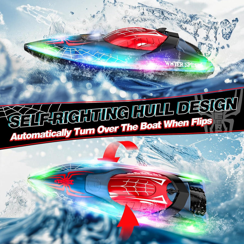 DEERC Ferngesteuertes Boot mit LED-Licht, RC Boot 15 KM/H, 2,4-GHz Rennboote, 2 Batterien für 80 Min